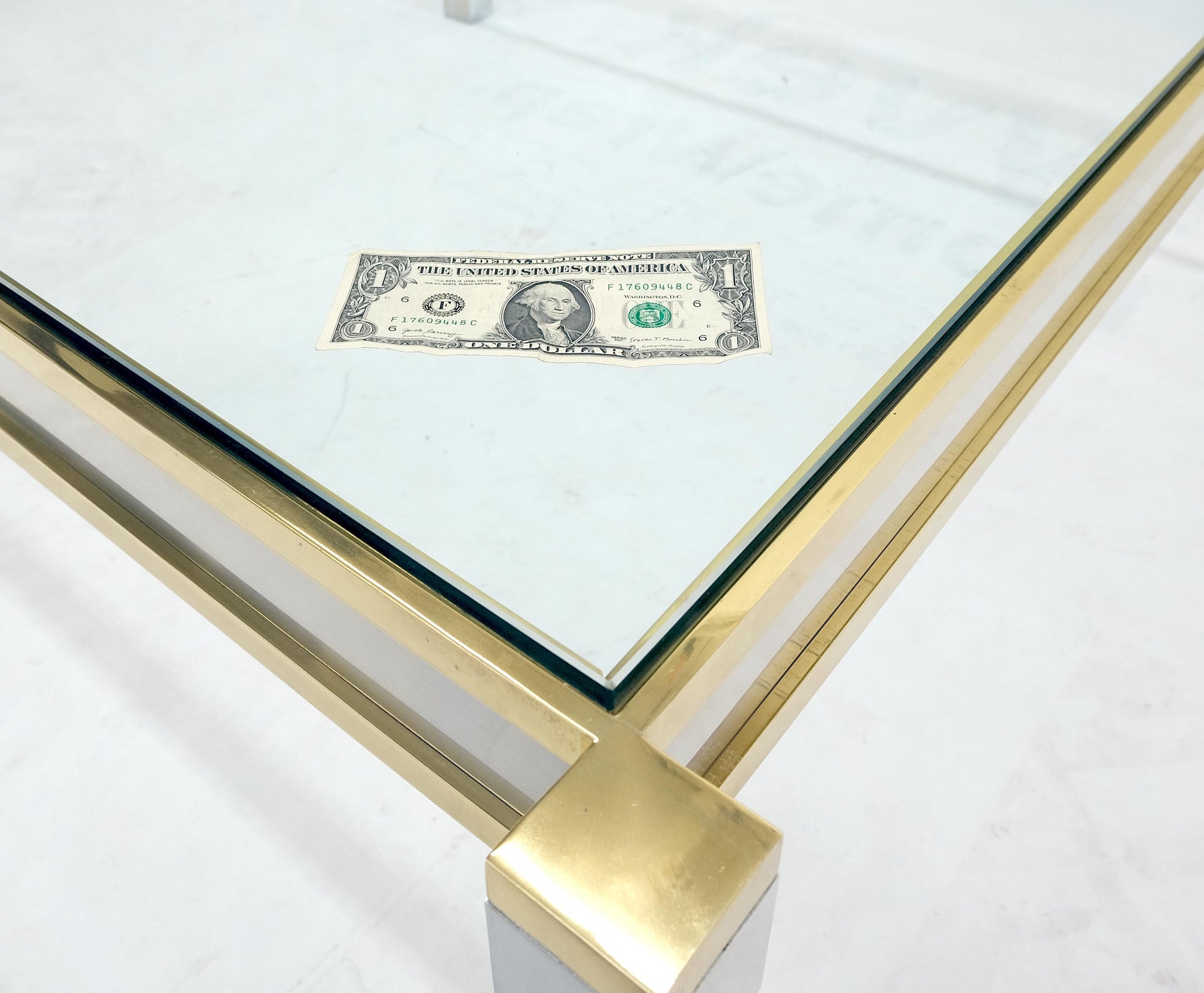 EstablishedLines Brass Stainless Steel Glass Top 44" Square Mid Century Modern Coffee Table MINT