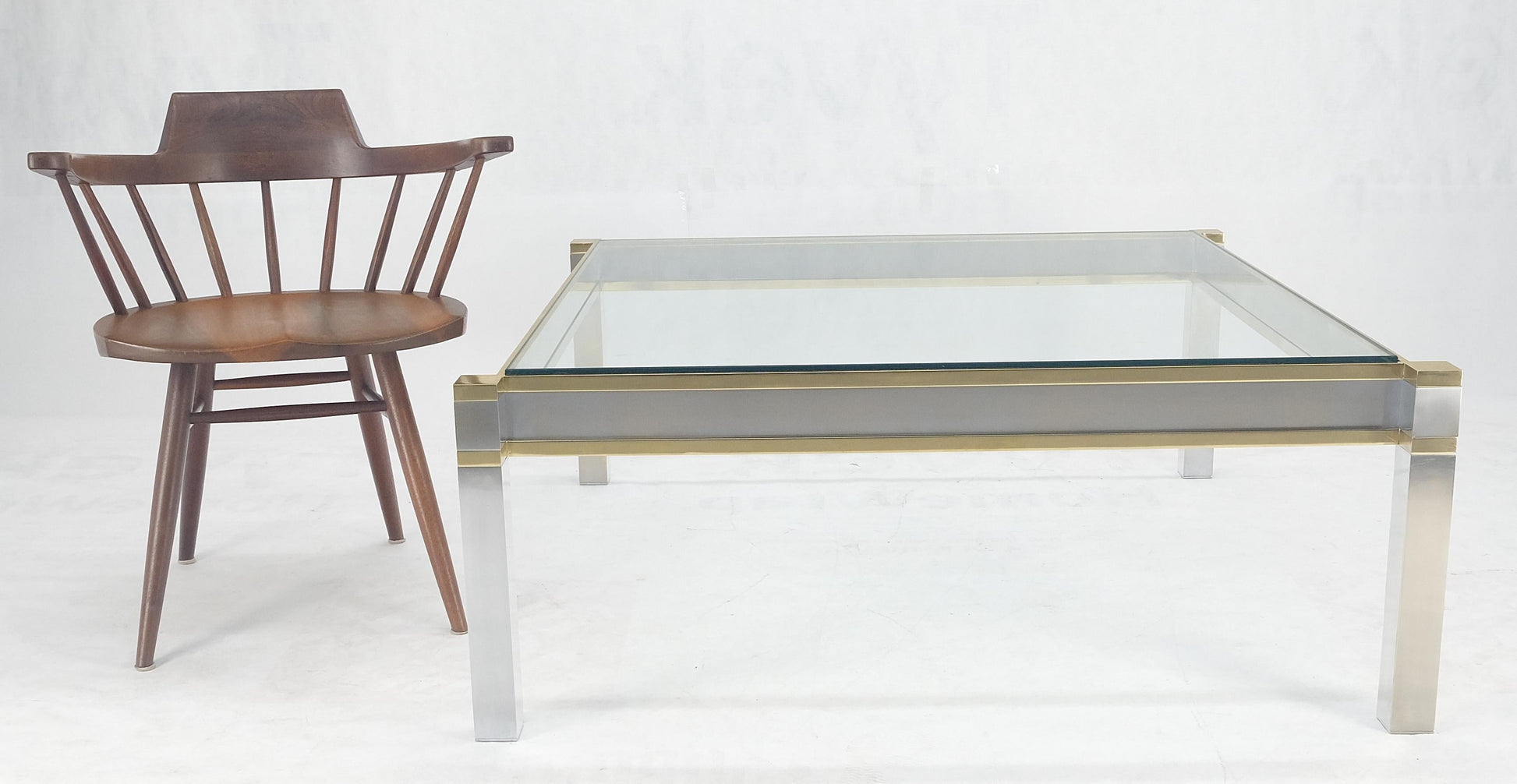 EstablishedLines Brass Stainless Steel Glass Top 44" Square Mid Century Modern Coffee Table MINT