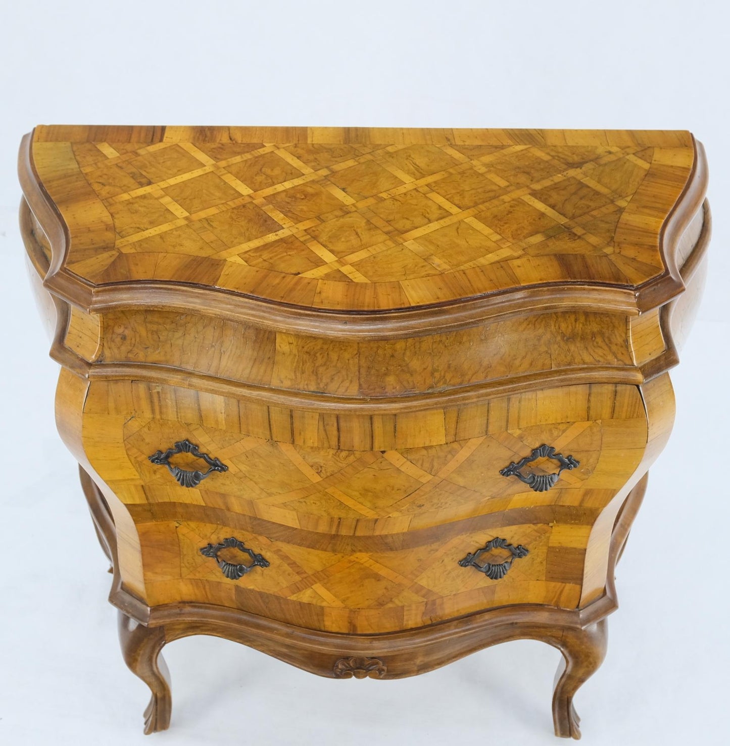 EstablishedLines Italian Parquet Burl Wood Bombe Style Compact Entry Chest of Drawers Dresser