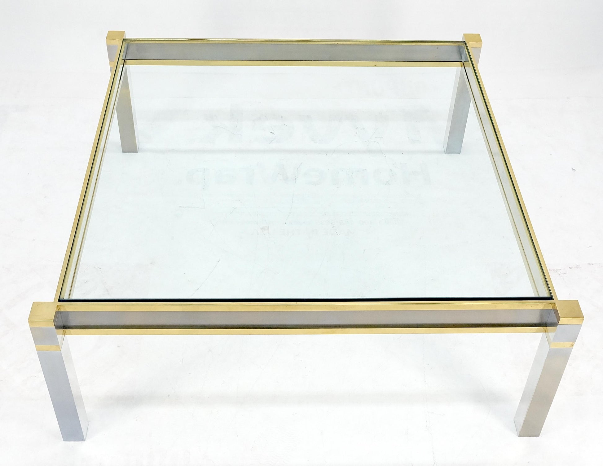 EstablishedLines Brass Stainless Steel Glass Top 44" Square Mid Century Modern Coffee Table MINT