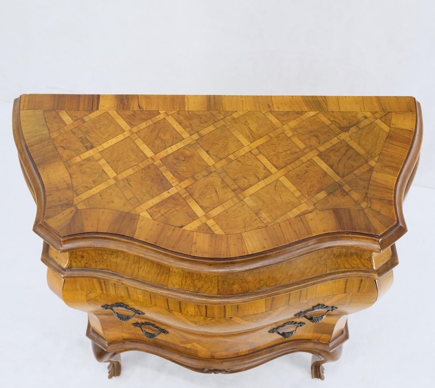 EstablishedLines Italian Parquet Burl Wood Bombe Style Compact Entry Chest of Drawers Dresser