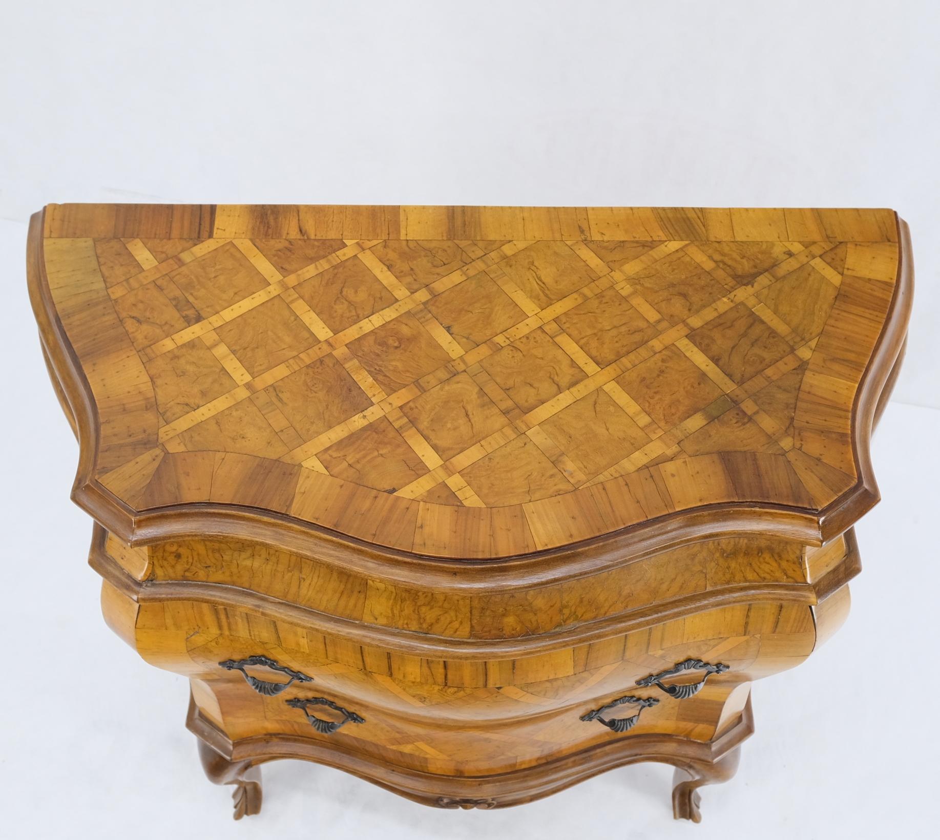 EstablishedLines Italian Parquet Burl Wood Bombe Style Compact Entry Chest of Drawers Dresser