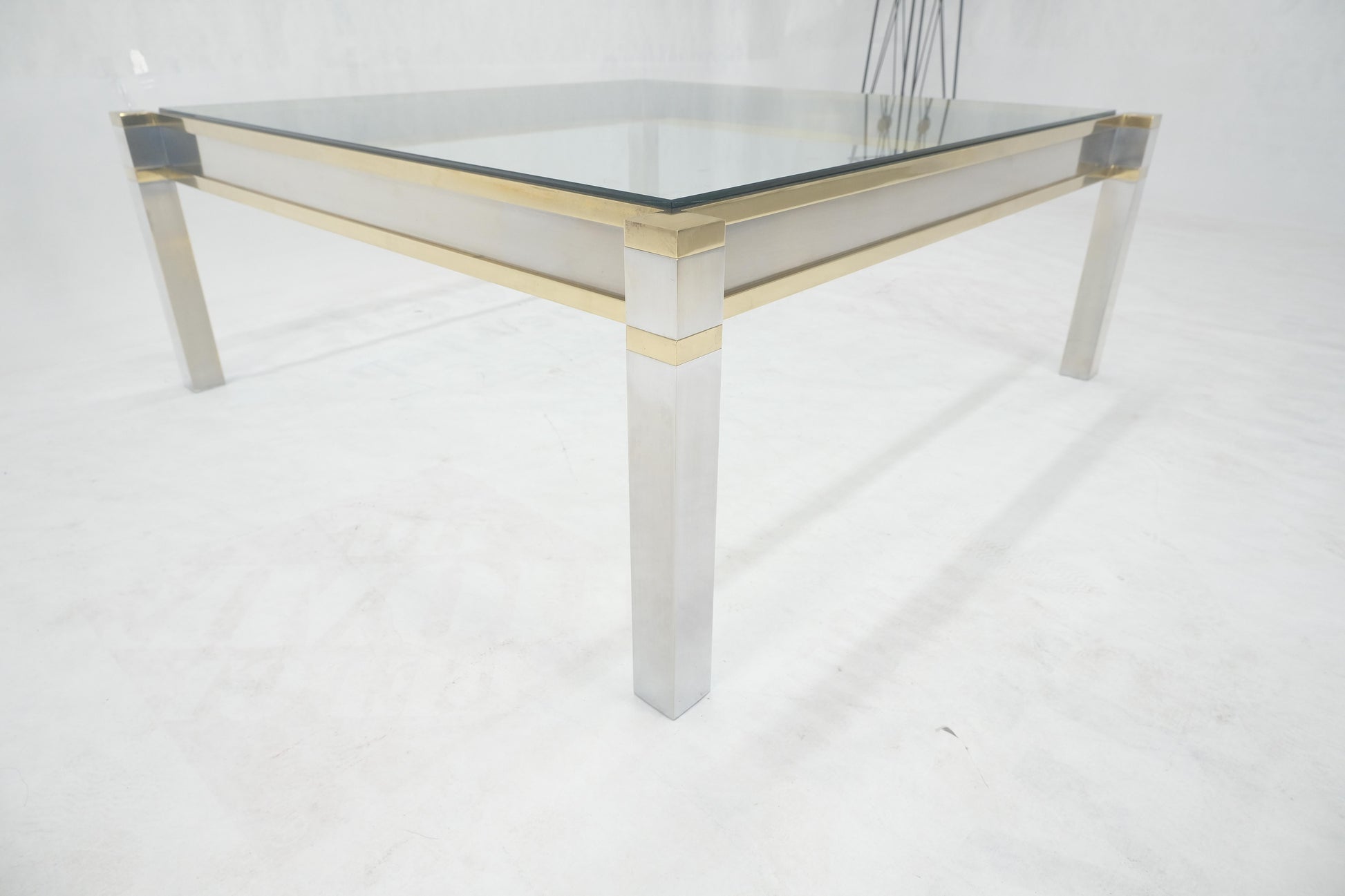 EstablishedLines Brass Stainless Steel Glass Top 44" Square Mid Century Modern Coffee Table MINT