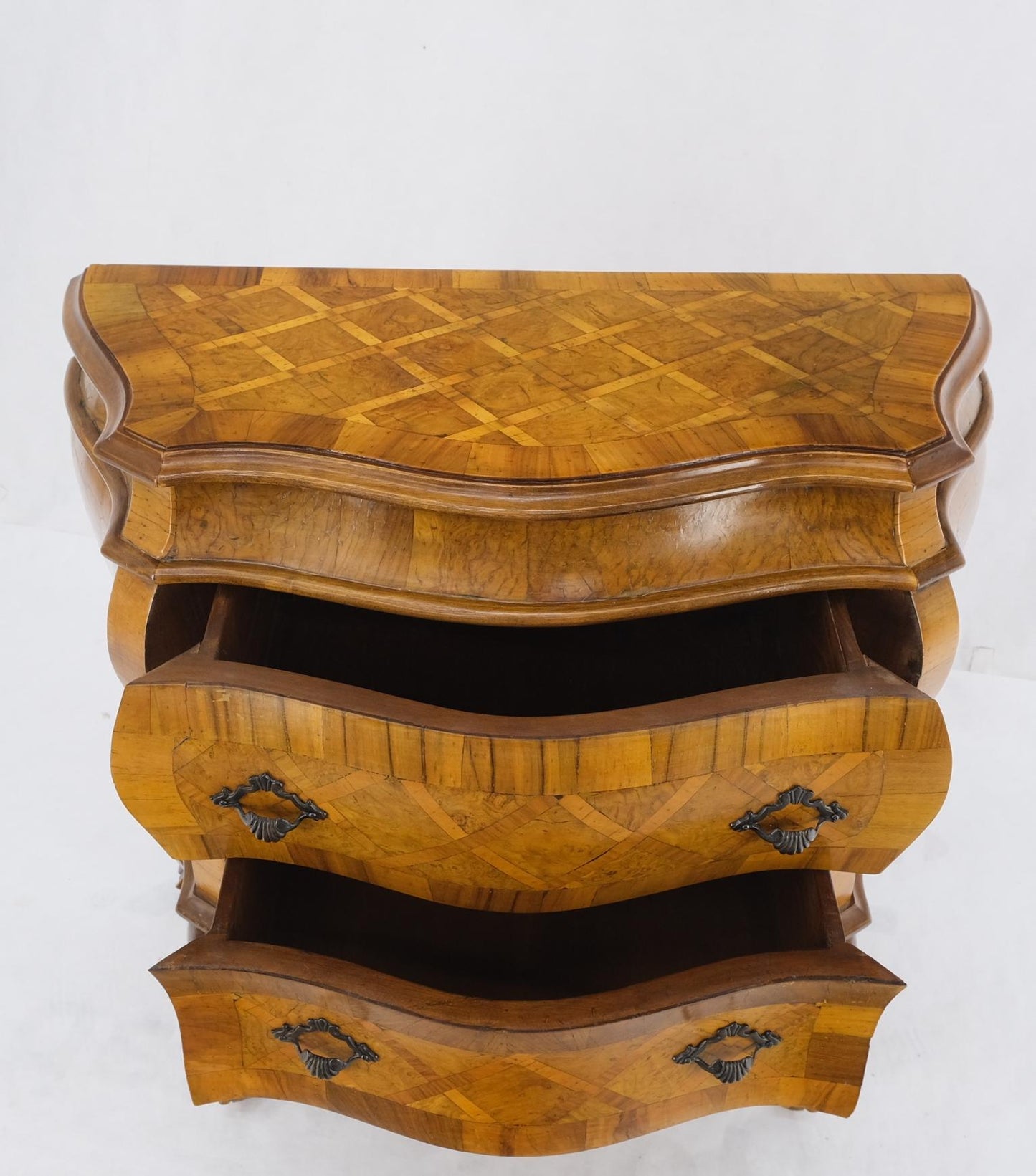 EstablishedLines Italian Parquet Burl Wood Bombe Style Compact Entry Chest of Drawers Dresser