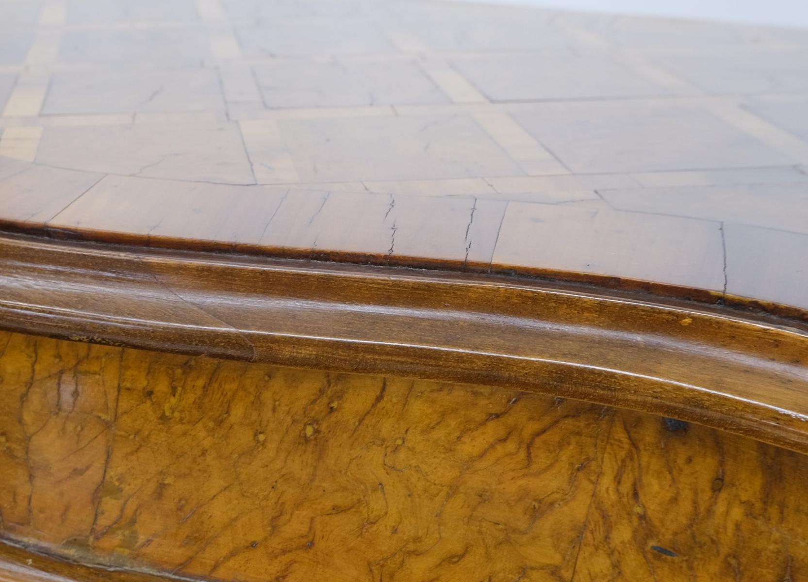 EstablishedLines Italian Parquet Burl Wood Bombe Style Compact Entry Chest of Drawers Dresser