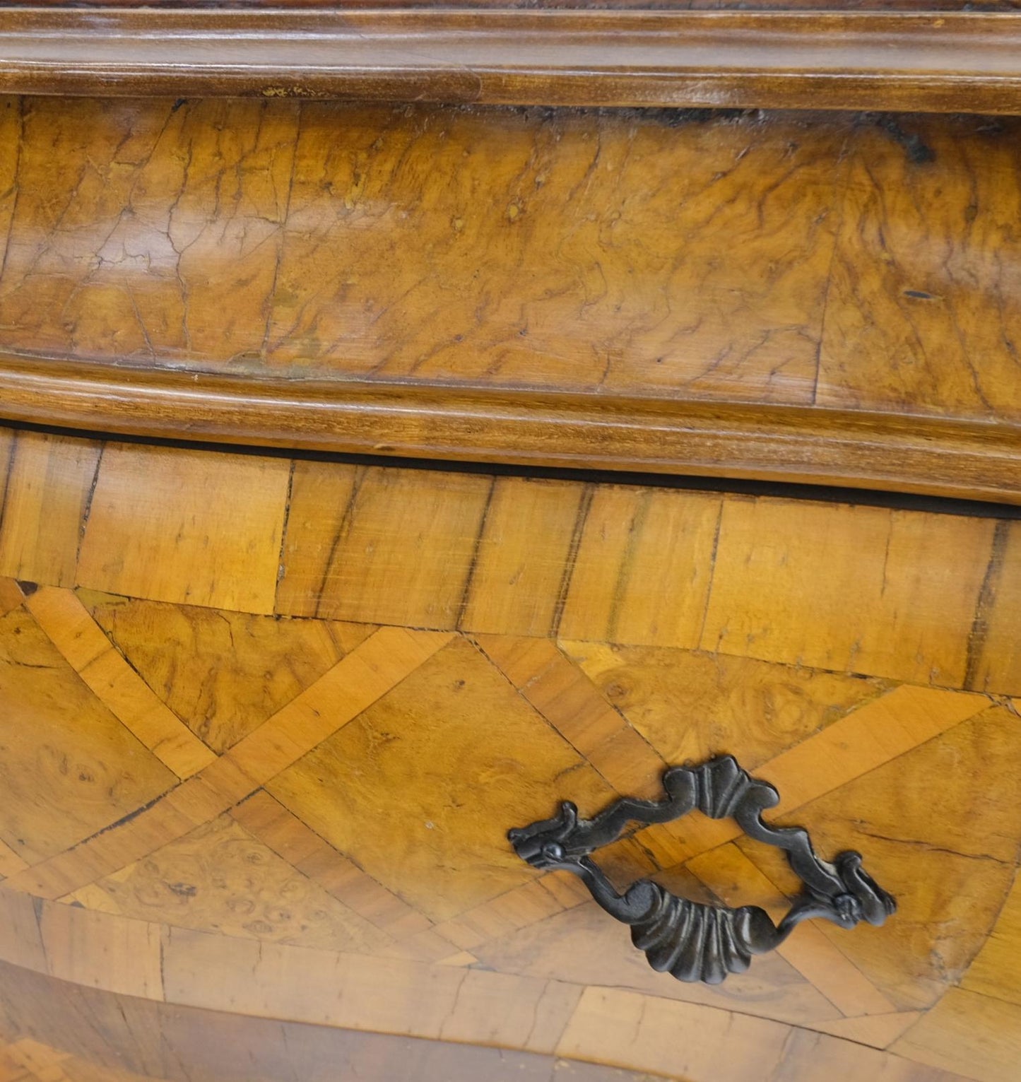 EstablishedLines Italian Parquet Burl Wood Bombe Style Compact Entry Chest of Drawers Dresser