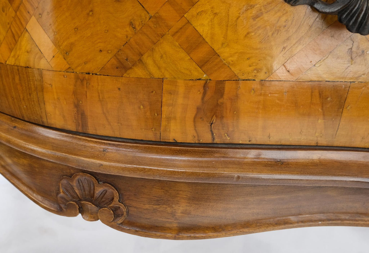EstablishedLines Italian Parquet Burl Wood Bombe Style Compact Entry Chest of Drawers Dresser