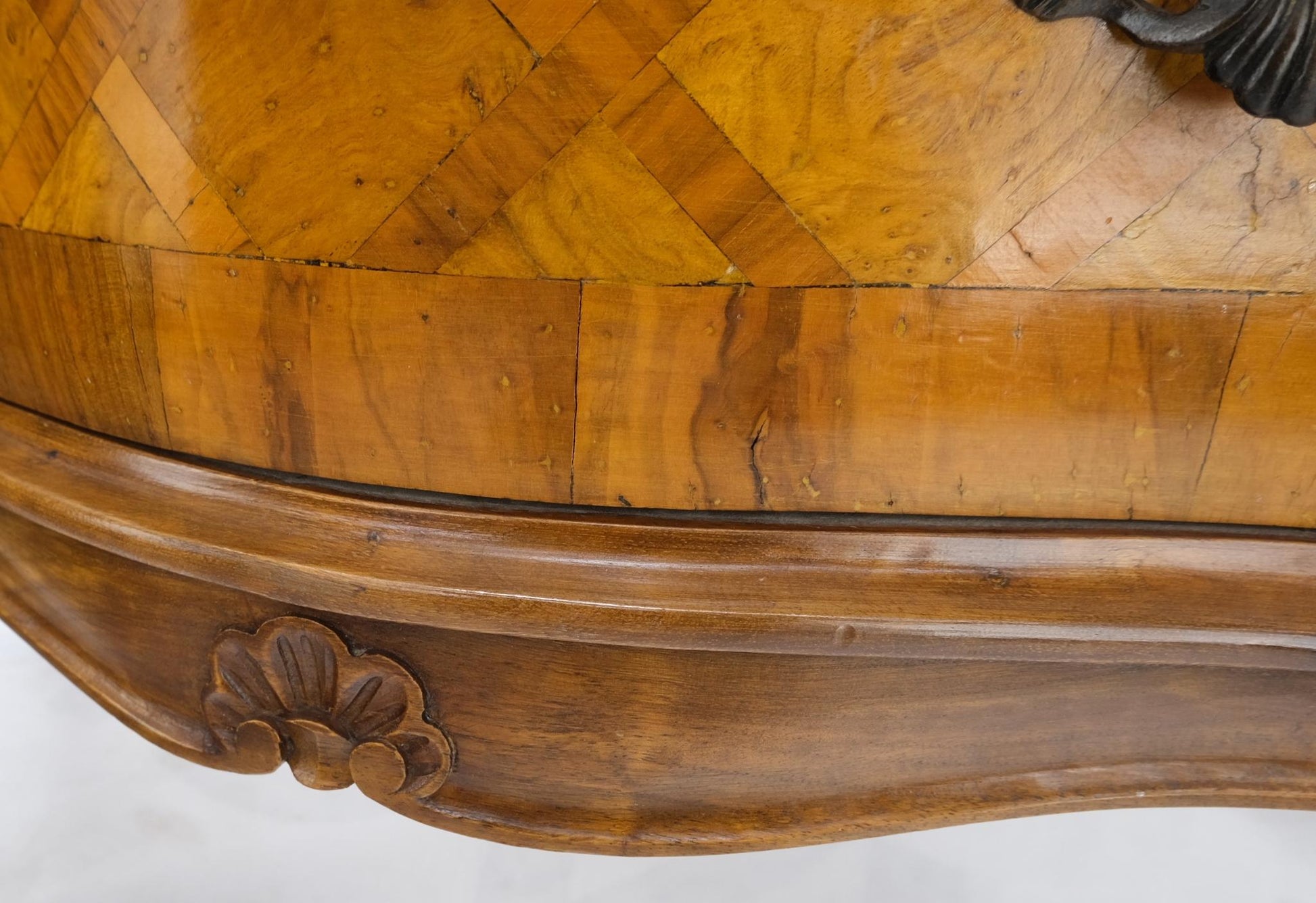 EstablishedLines Italian Parquet Burl Wood Bombe Style Compact Entry Chest of Drawers Dresser