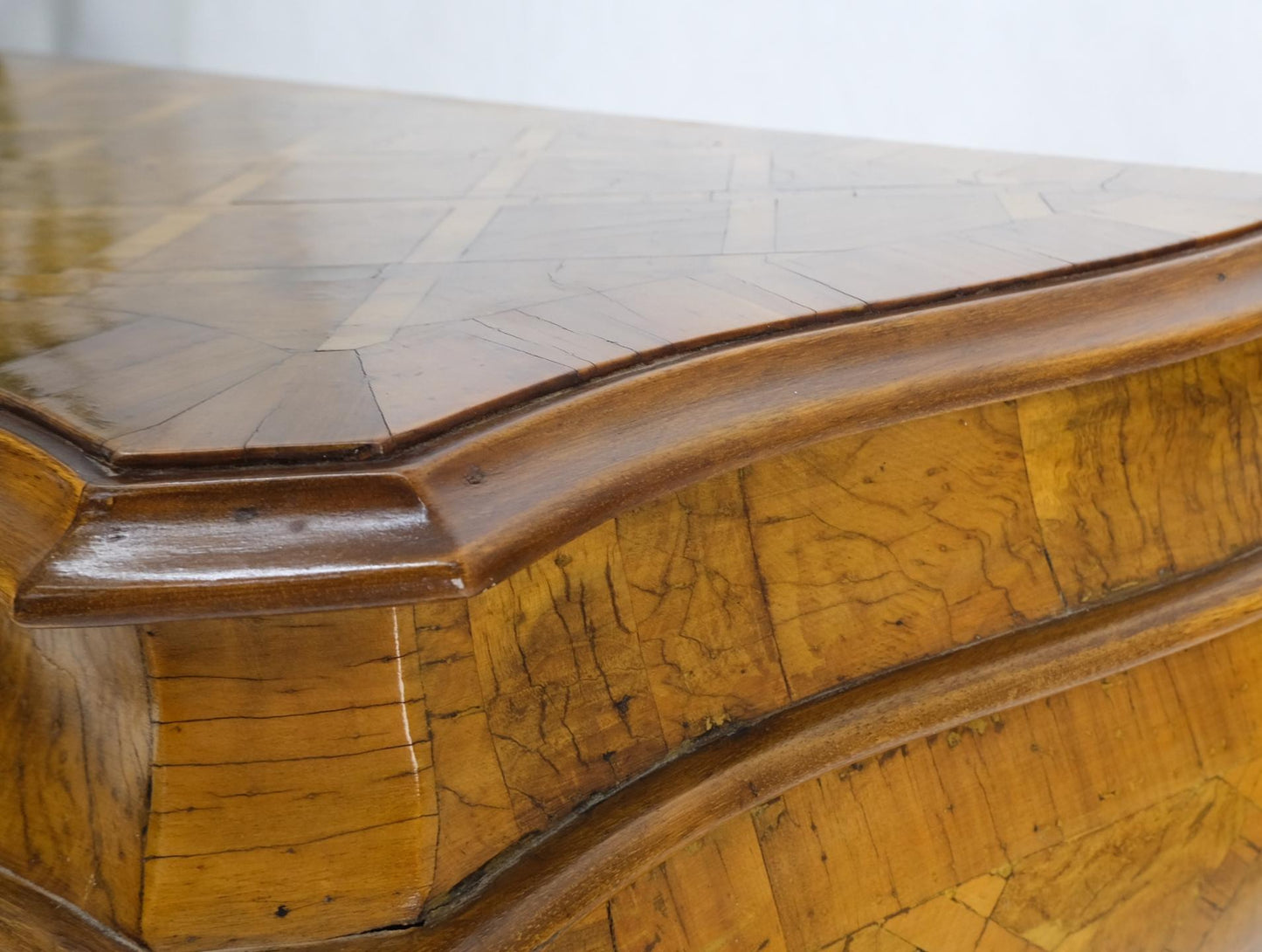 EstablishedLines Italian Parquet Burl Wood Bombe Style Compact Entry Chest of Drawers Dresser