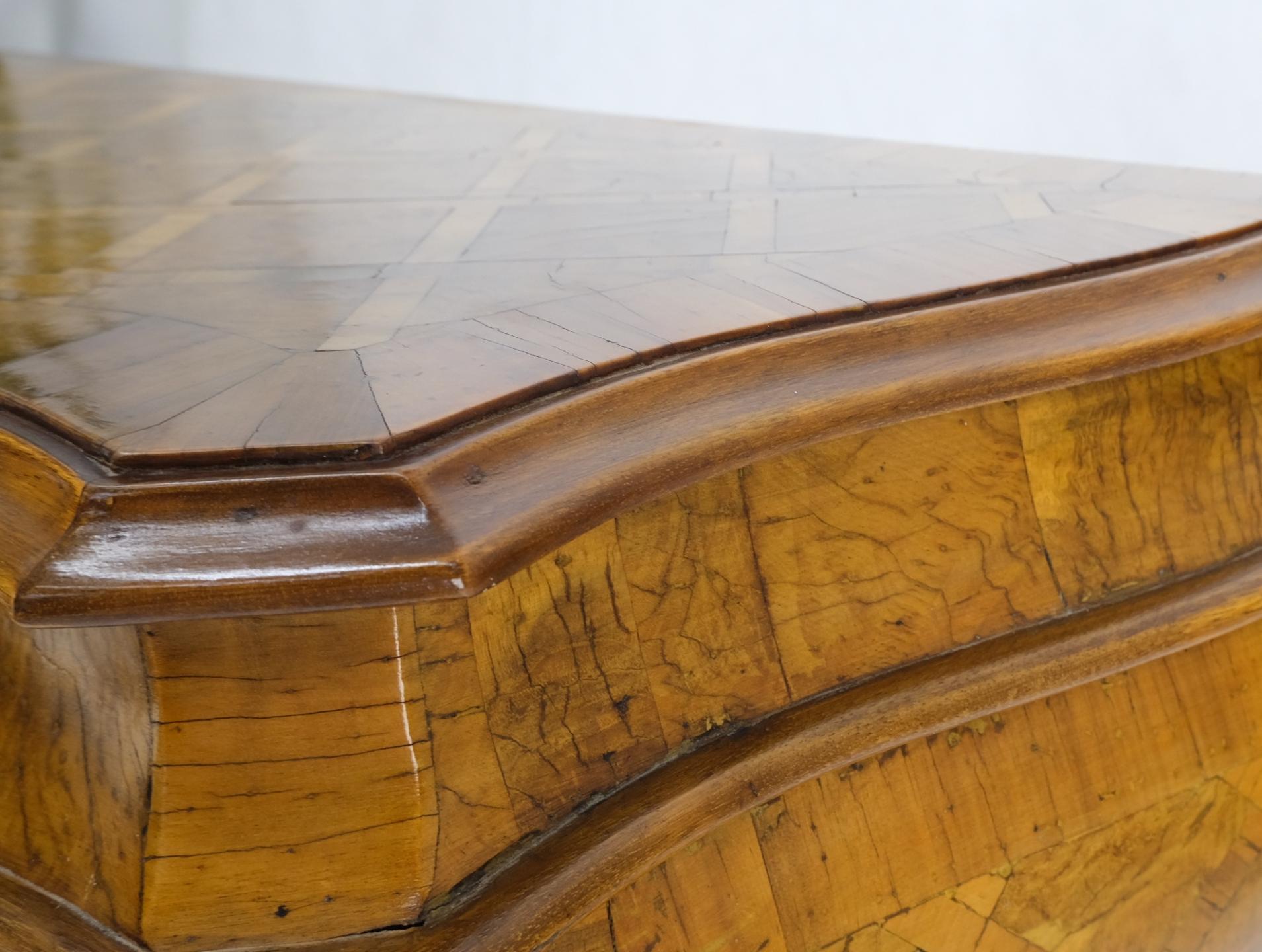 EstablishedLines Italian Parquet Burl Wood Bombe Style Compact Entry Chest of Drawers Dresser