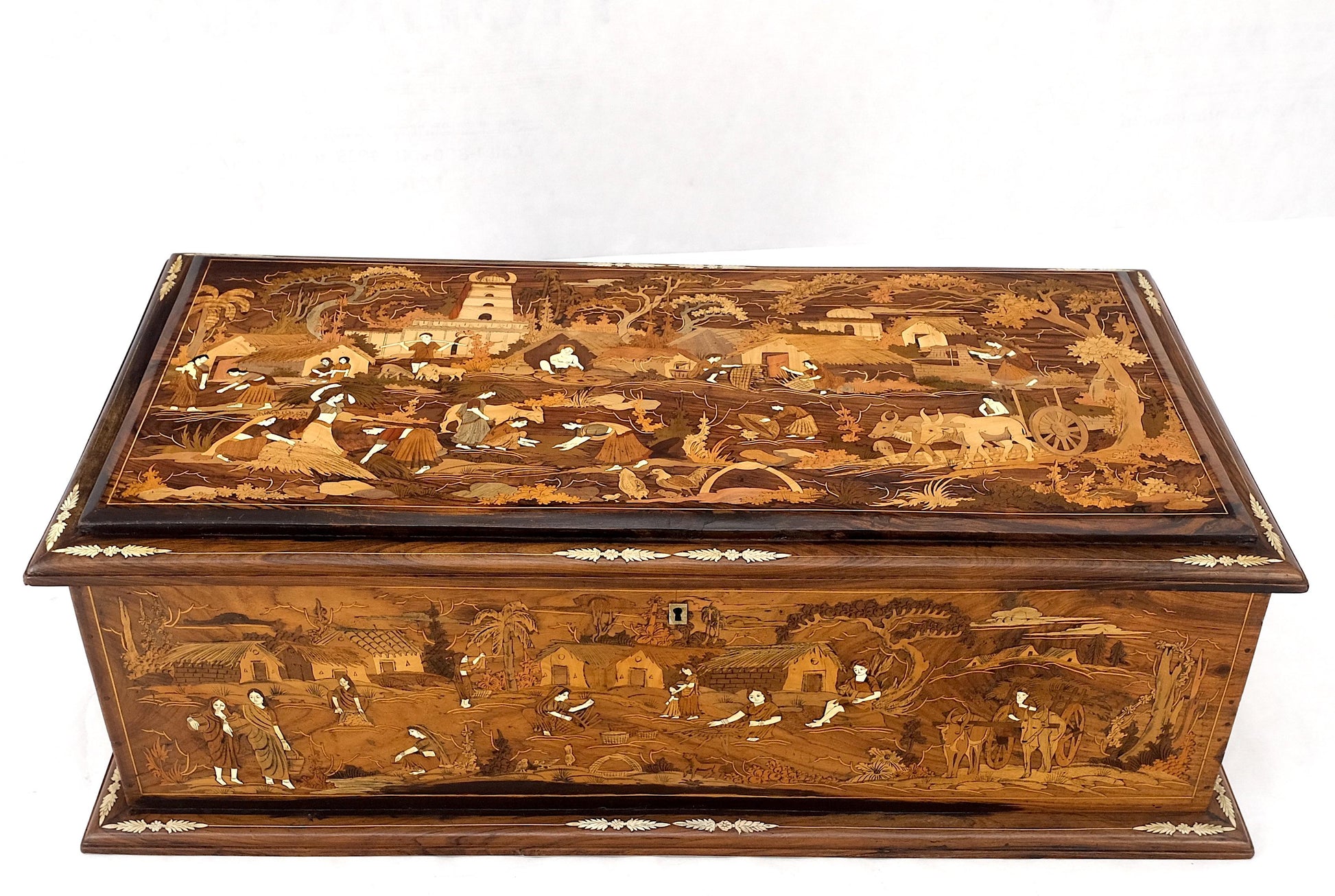EstablishedLines Large Box Trunk Bone Inlayed Rosewood Storage Village Scenery Very Fine Detail