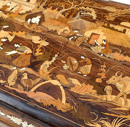 Large Box Trunk Bone Inlayed Rosewood Storage Village Scenery Very Fine Detail