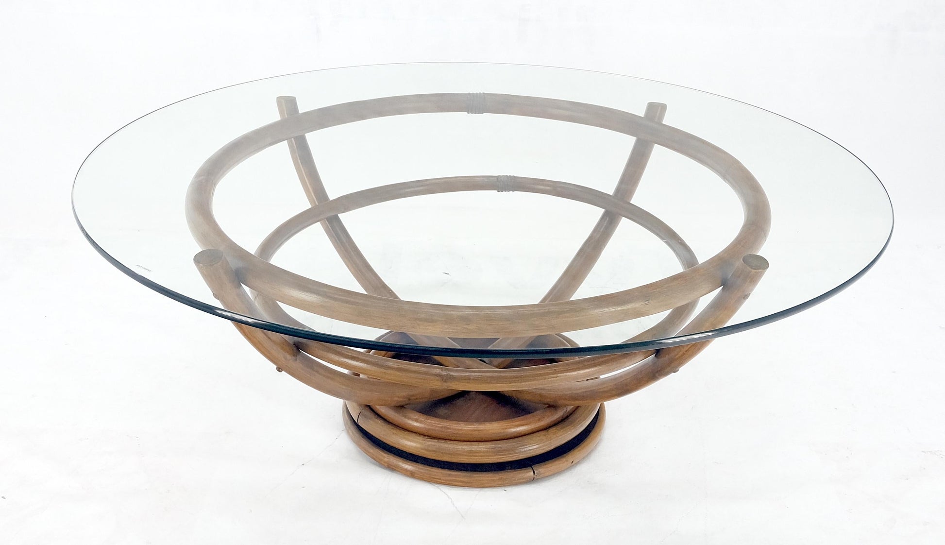 EstablishedLines Bentwood Bamboo Reed Style Base 48" Diameter Round Glass Top Coffee Table MINT!