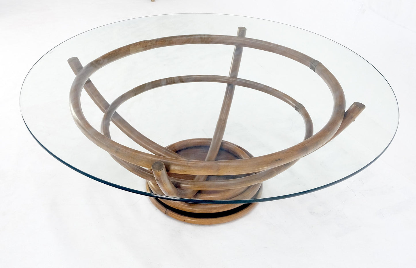 EstablishedLines Bentwood Bamboo Reed Style Base 48" Diameter Round Glass Top Coffee Table MINT!