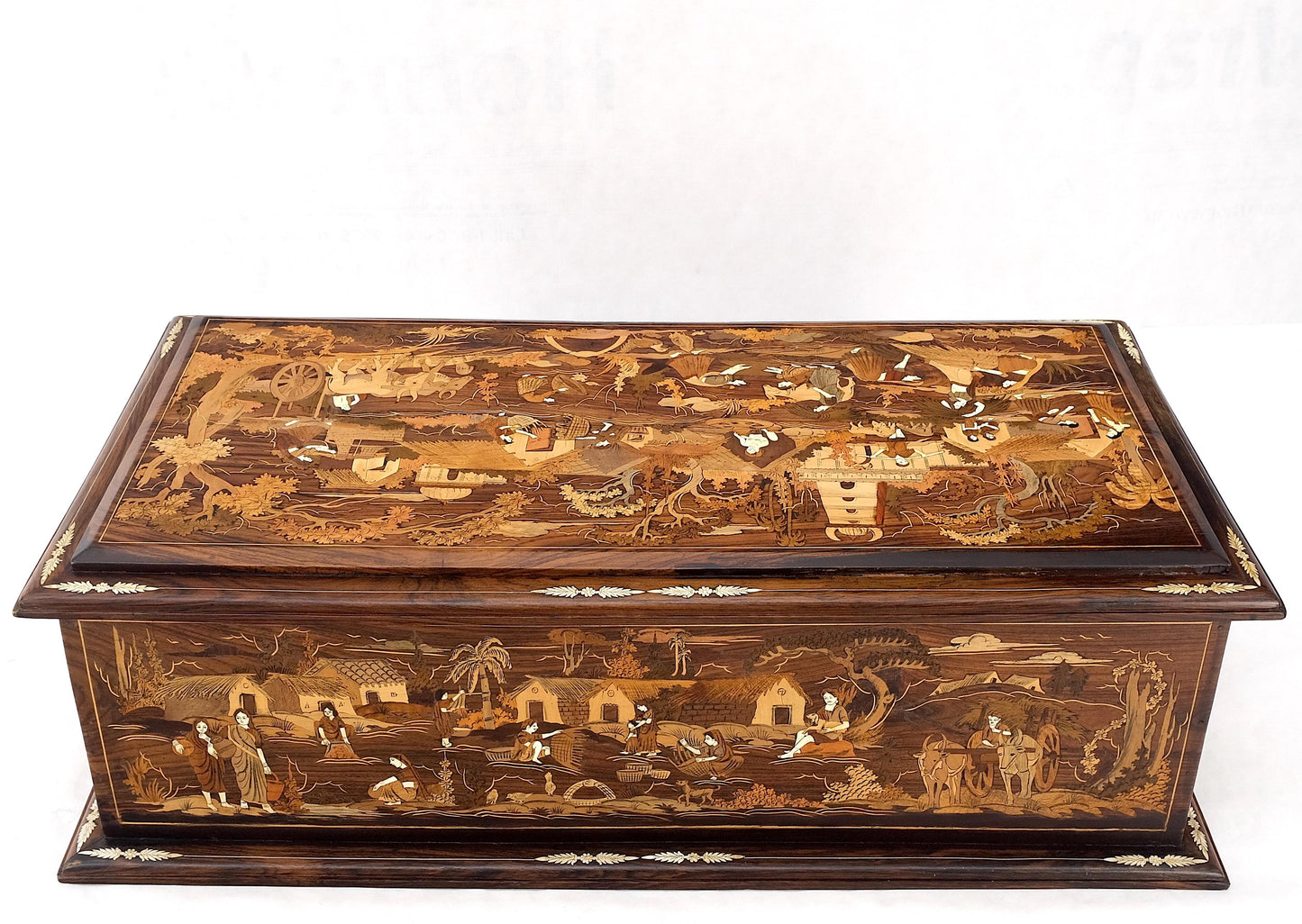 Large Box Trunk Bone Inlayed Rosewood Storage Village Scenery Very Fine Detail