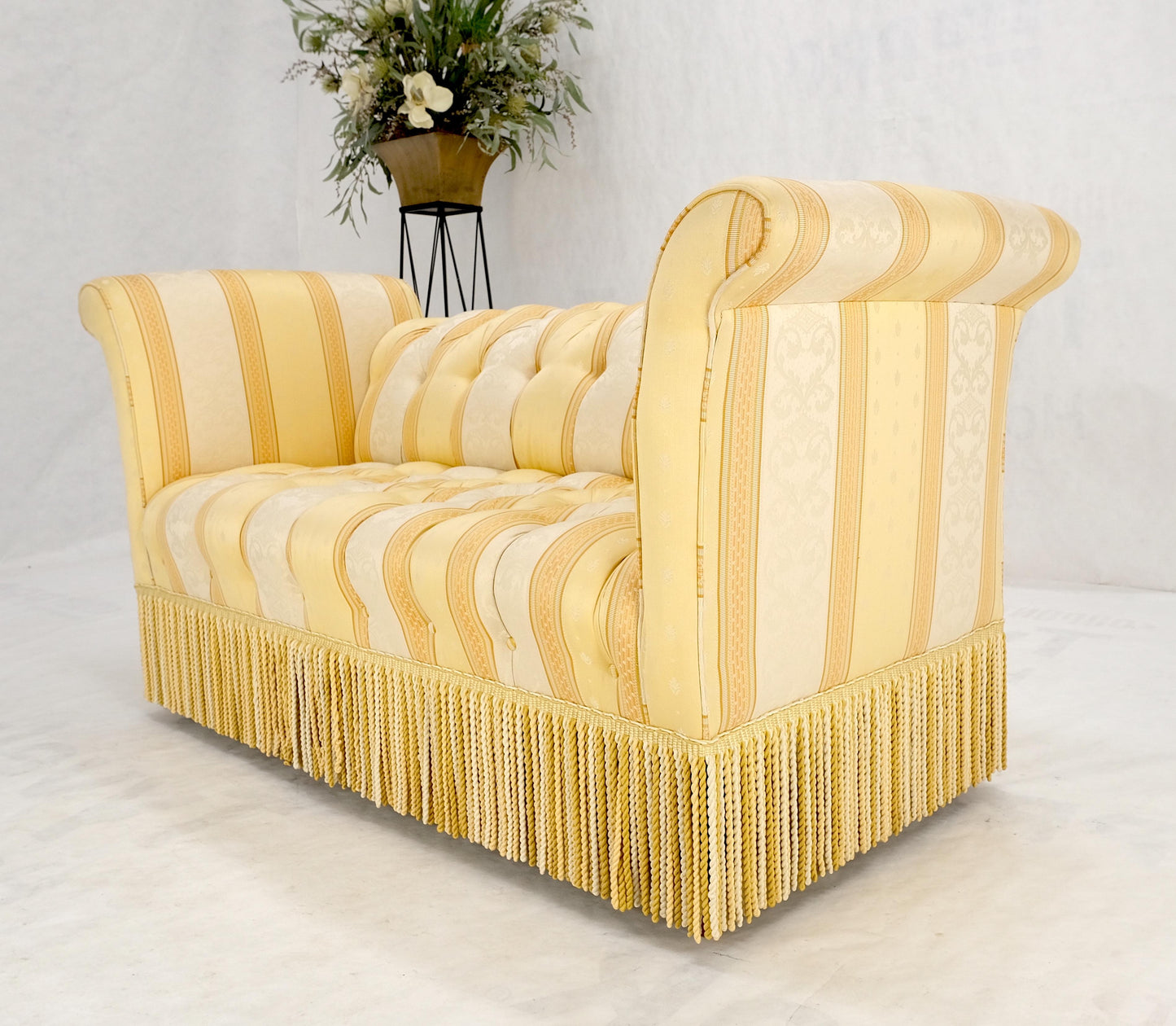 Gold & White Stripe Silk Upholstery Tufted Sofa Loveseat Tassels Decorated MINT!