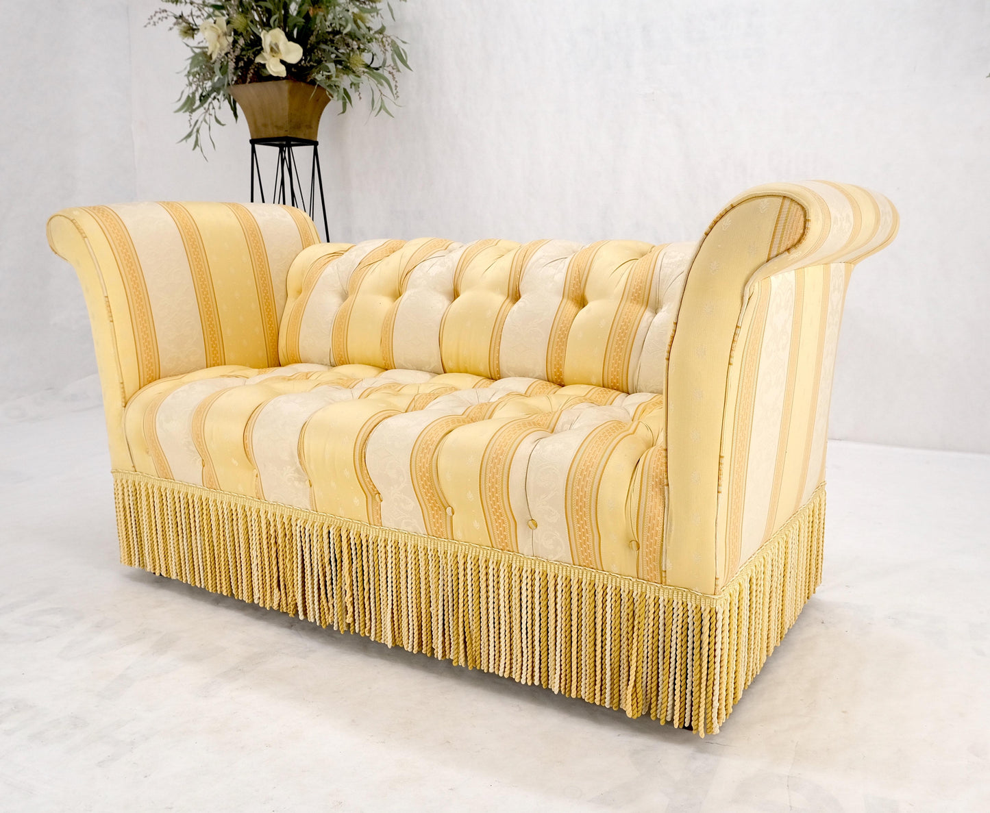 Gold & White Stripe Silk Upholstery Tufted Sofa Loveseat Tassels Decorated MINT!