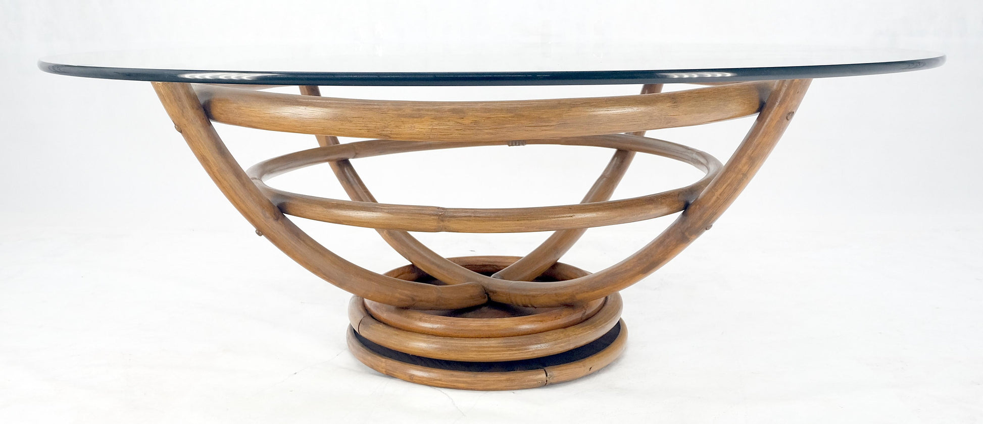 EstablishedLines Bentwood Bamboo Reed Style Base 48" Diameter Round Glass Top Coffee Table MINT!