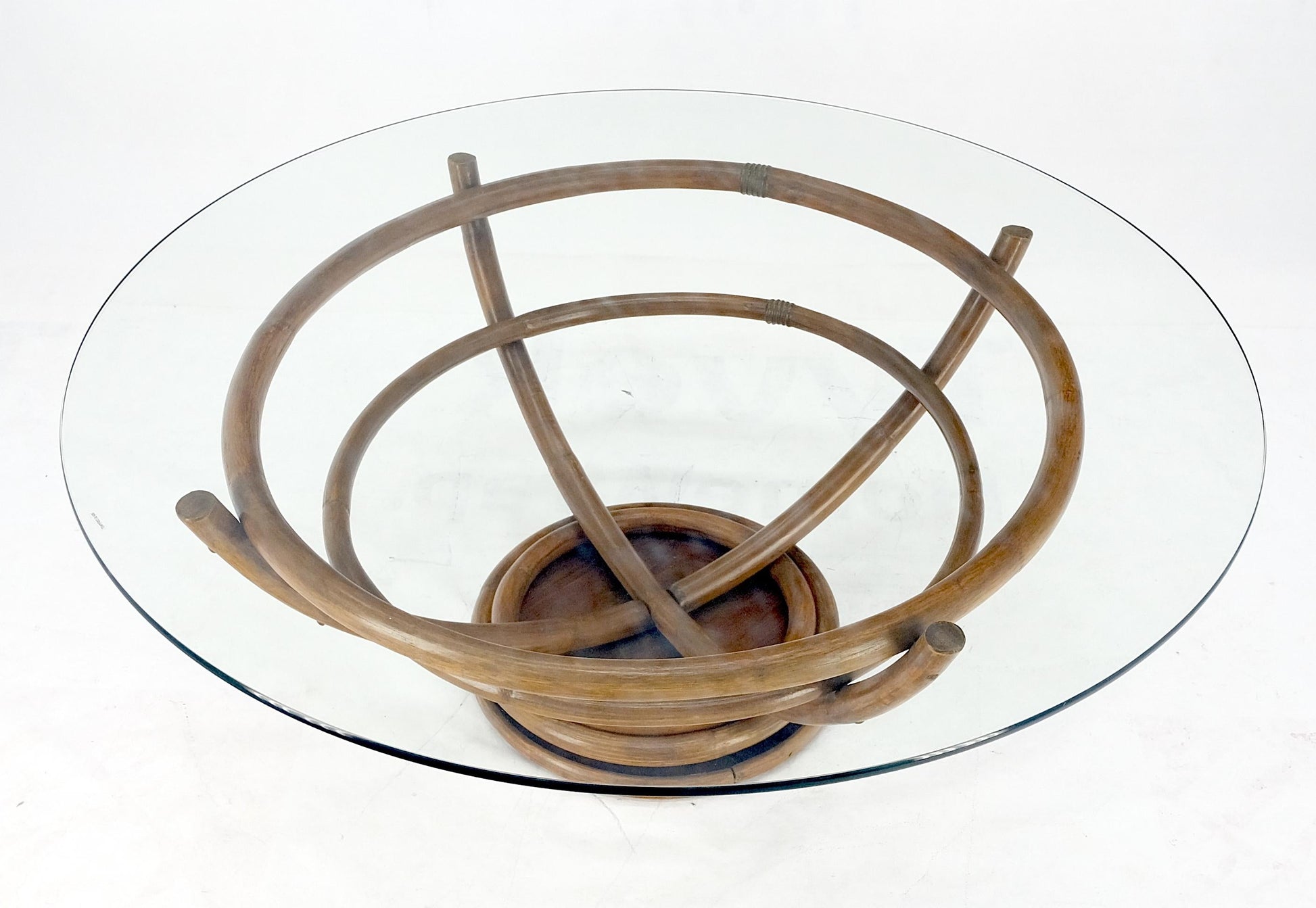 EstablishedLines Bentwood Bamboo Reed Style Base 48" Diameter Round Glass Top Coffee Table MINT!