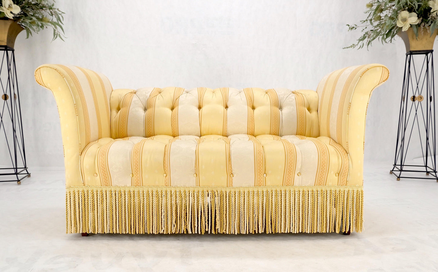 Gold & White Stripe Silk Upholstery Tufted Sofa Loveseat Tassels Decorated MINT!