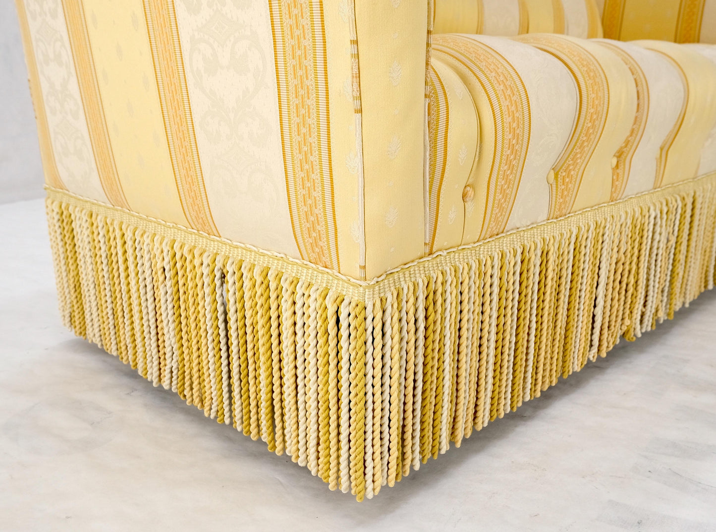 Gold & White Stripe Silk Upholstery Tufted Sofa Loveseat Tassels Decorated MINT!
