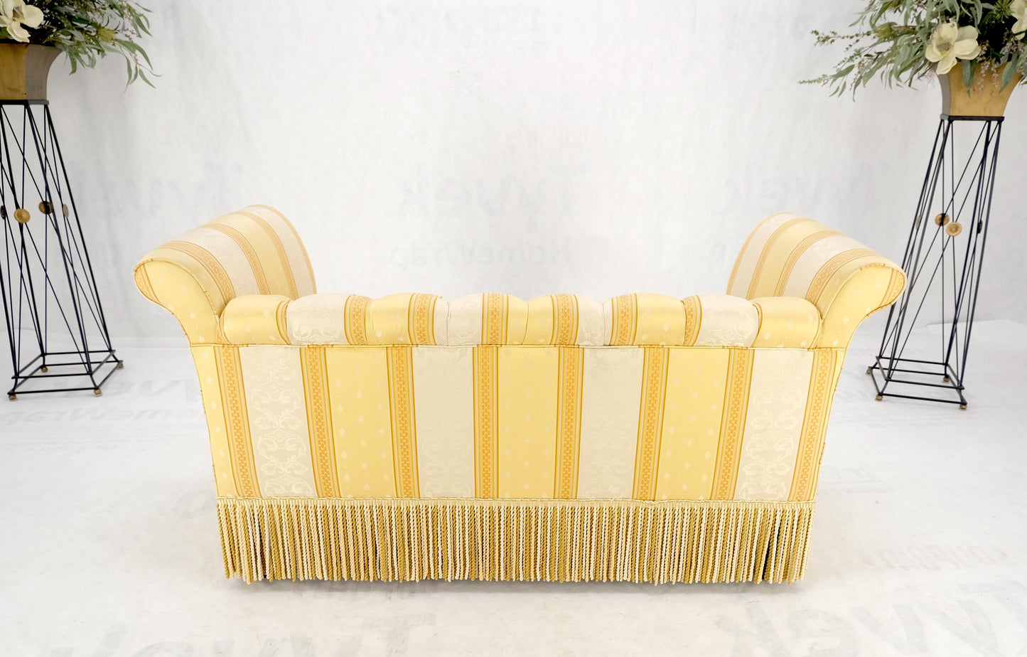 Gold & White Stripe Silk Upholstery Tufted Sofa Loveseat Tassels Decorated MINT!