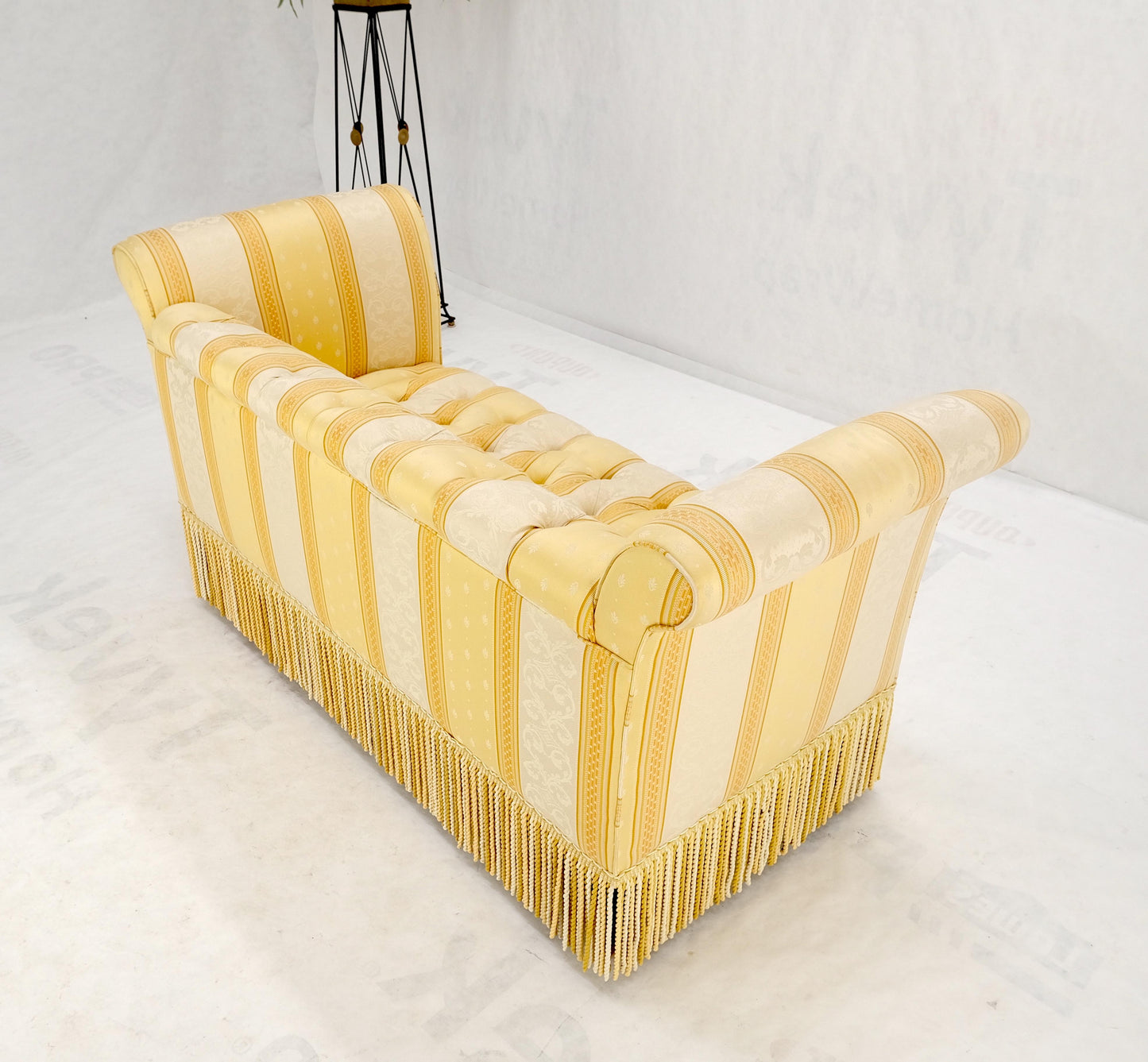 Gold & White Stripe Silk Upholstery Tufted Sofa Loveseat Tassels Decorated MINT!
