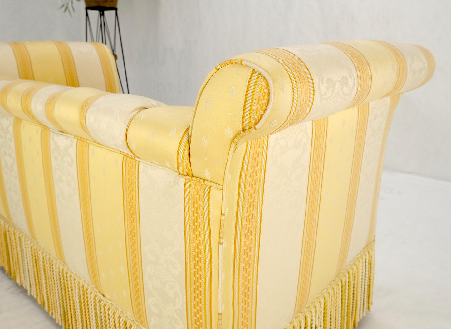Gold & White Stripe Silk Upholstery Tufted Sofa Loveseat Tassels Decorated MINT!