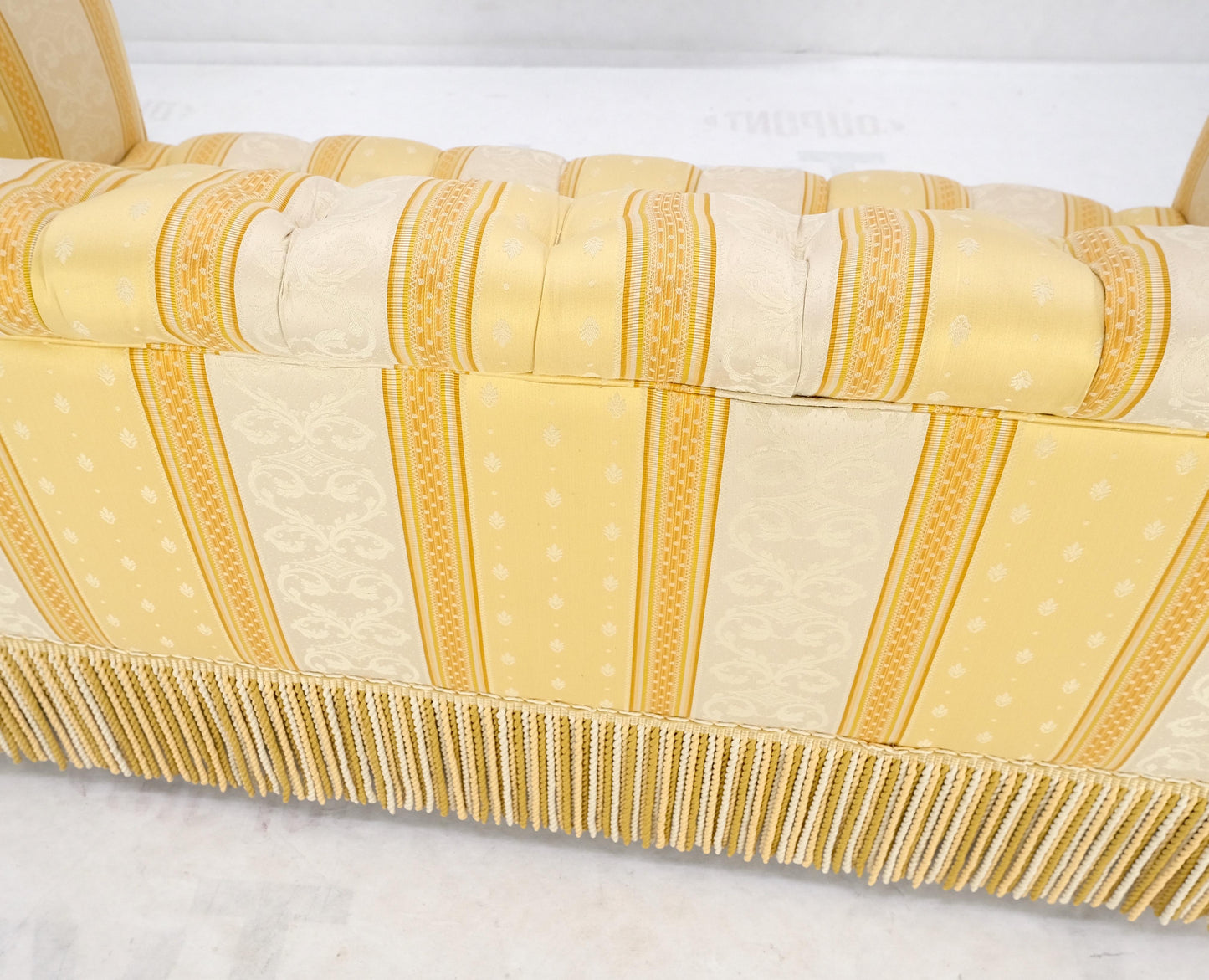 Gold & White Stripe Silk Upholstery Tufted Sofa Loveseat Tassels Decorated MINT!