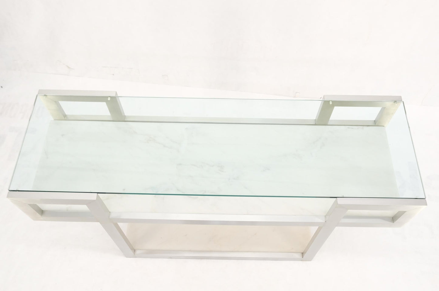 EstablishedLines Aluminum Frame Glass Shelves Two Marble Shelves Console Sofa Table Mid Century