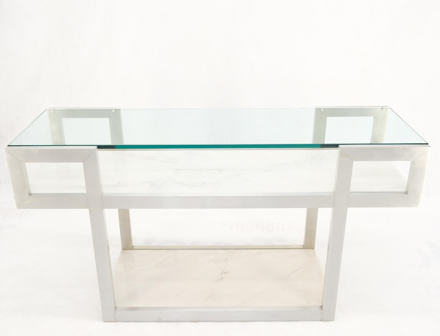 EstablishedLines Aluminum Frame Glass Shelves Two Marble Shelves Console Sofa Table Mid Century