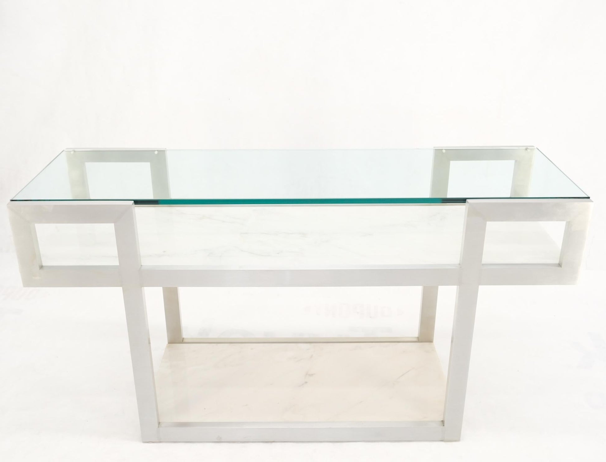 EstablishedLines Aluminum Frame Glass Shelves Two Marble Shelves Console Sofa Table Mid Century