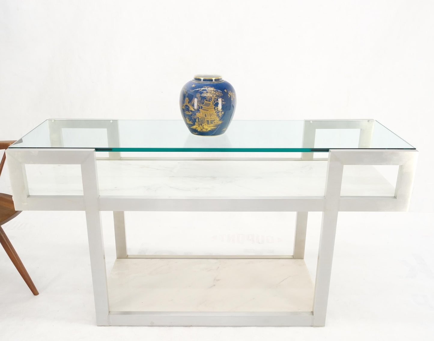EstablishedLines Aluminum Frame Glass Shelves Two Marble Shelves Console Sofa Table Mid Century