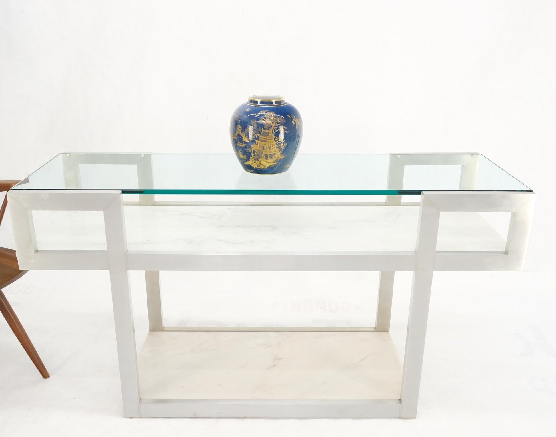 EstablishedLines Aluminum Frame Glass Shelves Two Marble Shelves Console Sofa Table Mid Century