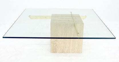 EstablishedLines Large 37x37 Square Glass Top Travertine Pedestal & Brass Base Coffee Table