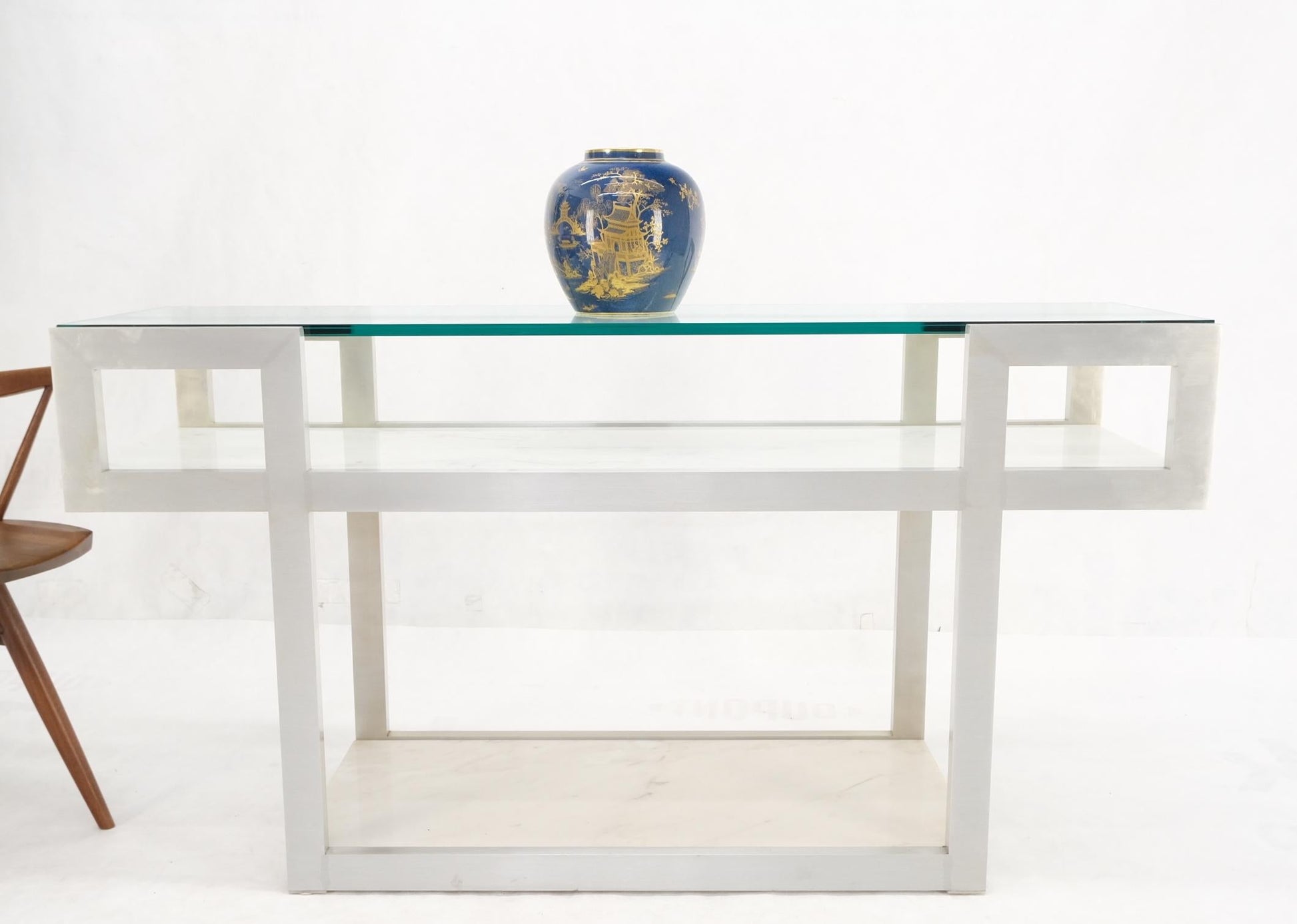 EstablishedLines Aluminum Frame Glass Shelves Two Marble Shelves Console Sofa Table Mid Century