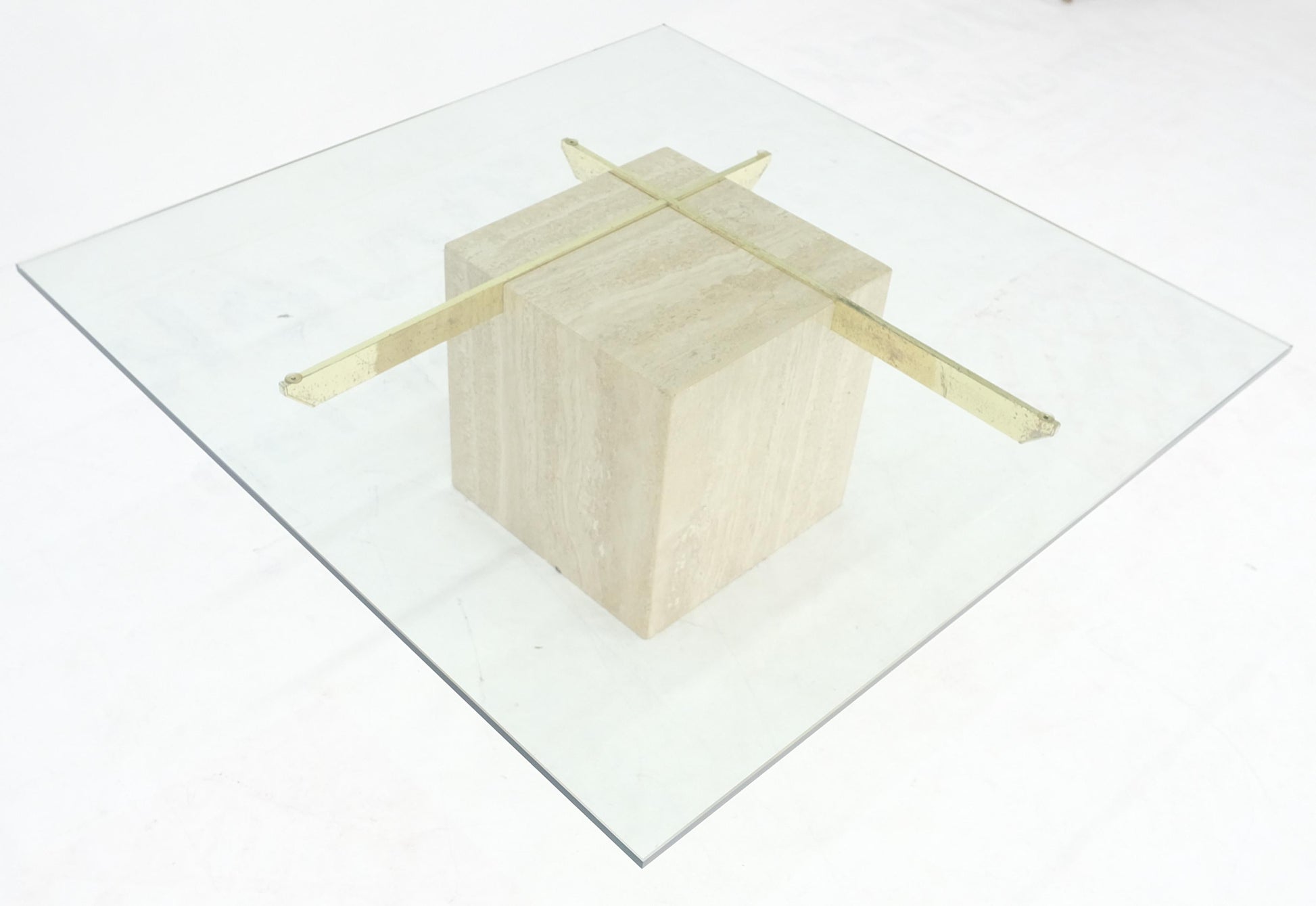 EstablishedLines Large 37x37 Square Glass Top Travertine Pedestal & Brass Base Coffee Table