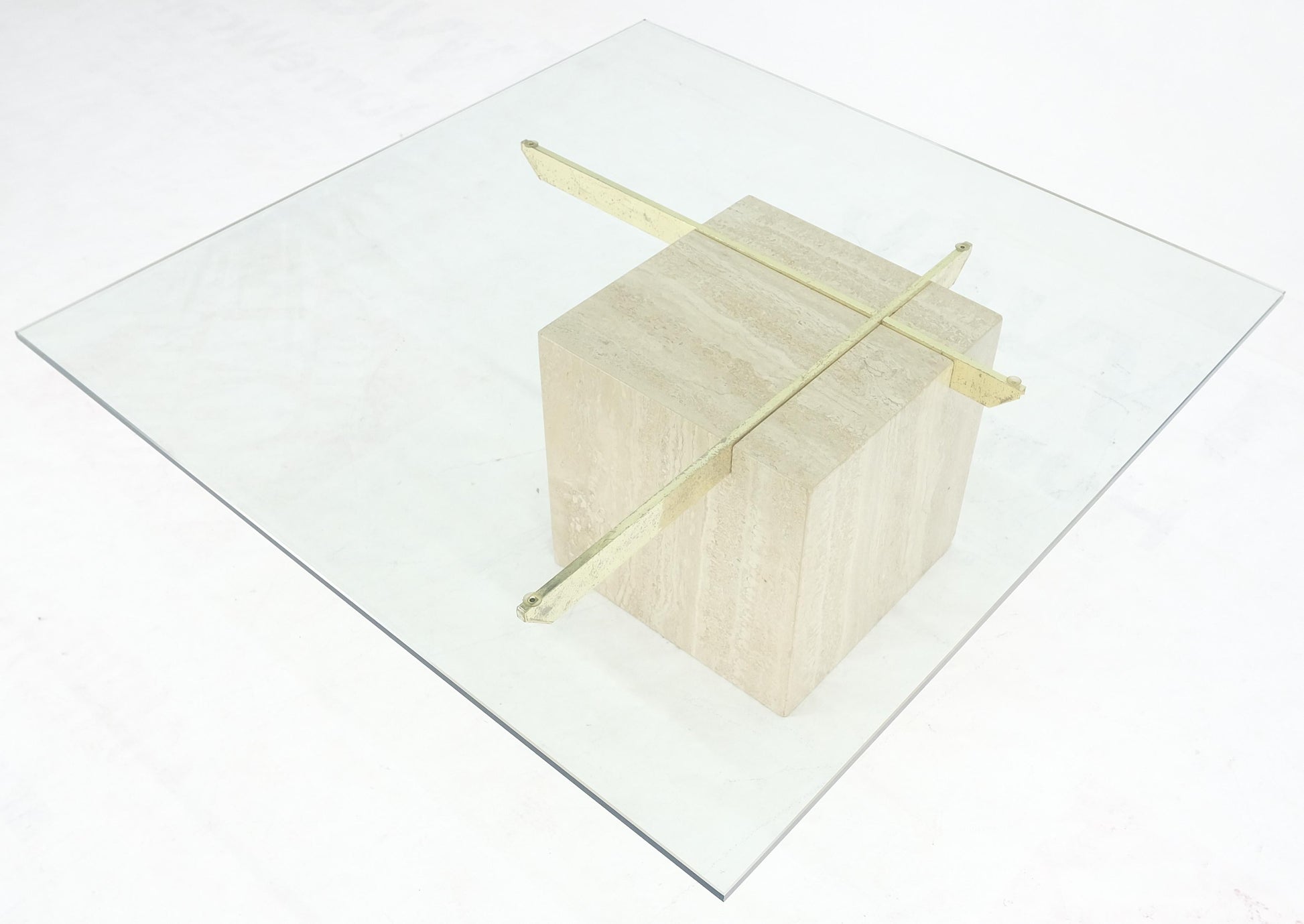 EstablishedLines Large 37x37 Square Glass Top Travertine Pedestal & Brass Base Coffee Table