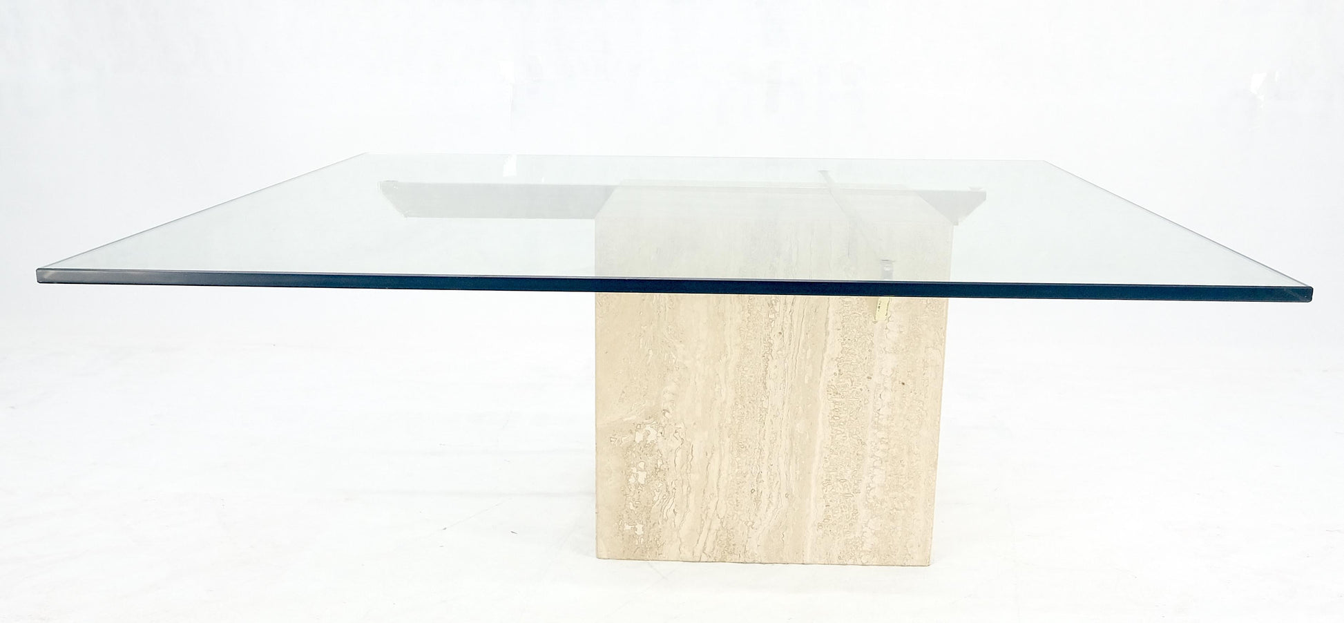 EstablishedLines Large 37x37 Square Glass Top Travertine Pedestal & Brass Base Coffee Table