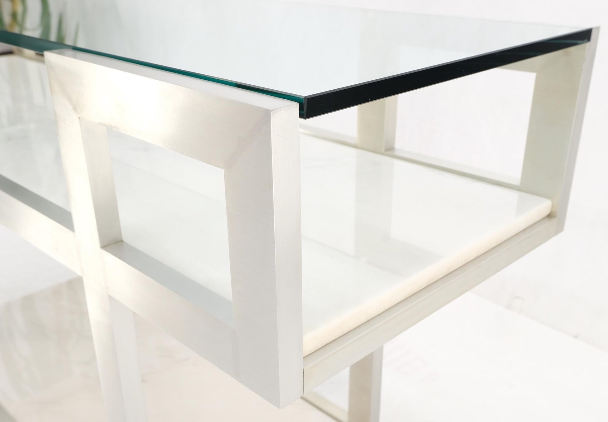 EstablishedLines Aluminum Frame Glass Shelves Two Marble Shelves Console Sofa Table Mid Century