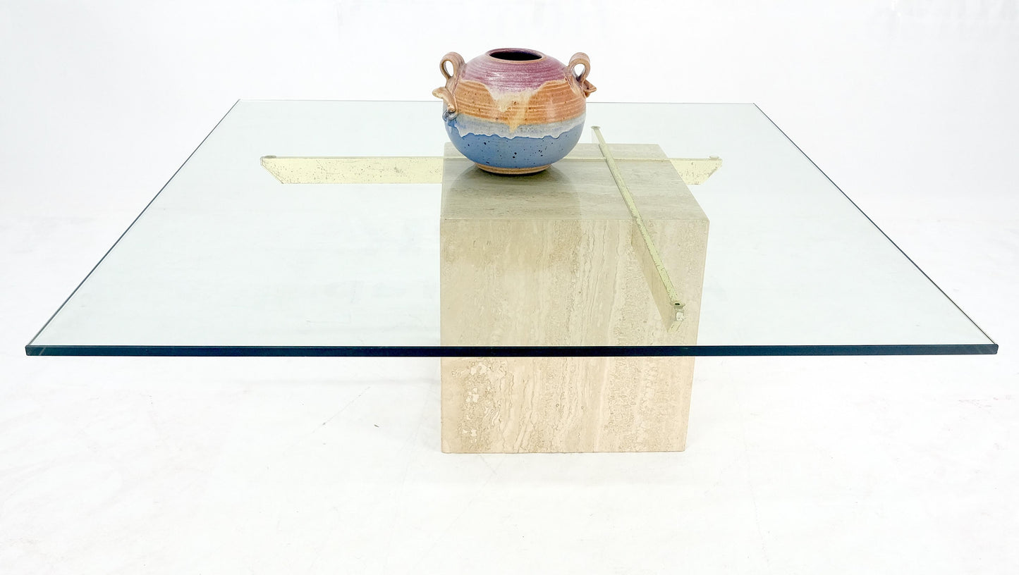 EstablishedLines Large 37x37 Square Glass Top Travertine Pedestal & Brass Base Coffee Table