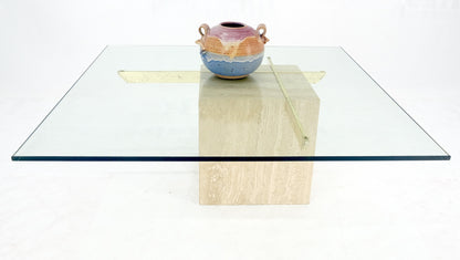 EstablishedLines Large 37x37 Square Glass Top Travertine Pedestal & Brass Base Coffee Table
