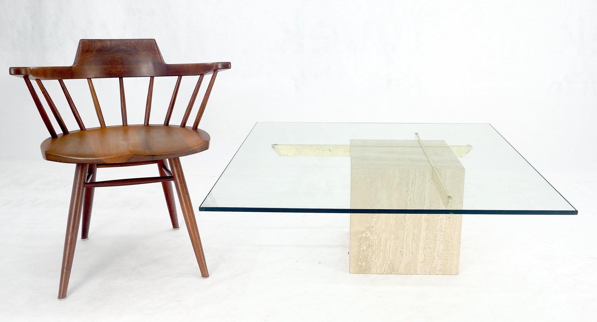 EstablishedLines Large 37x37 Square Glass Top Travertine Pedestal & Brass Base Coffee Table