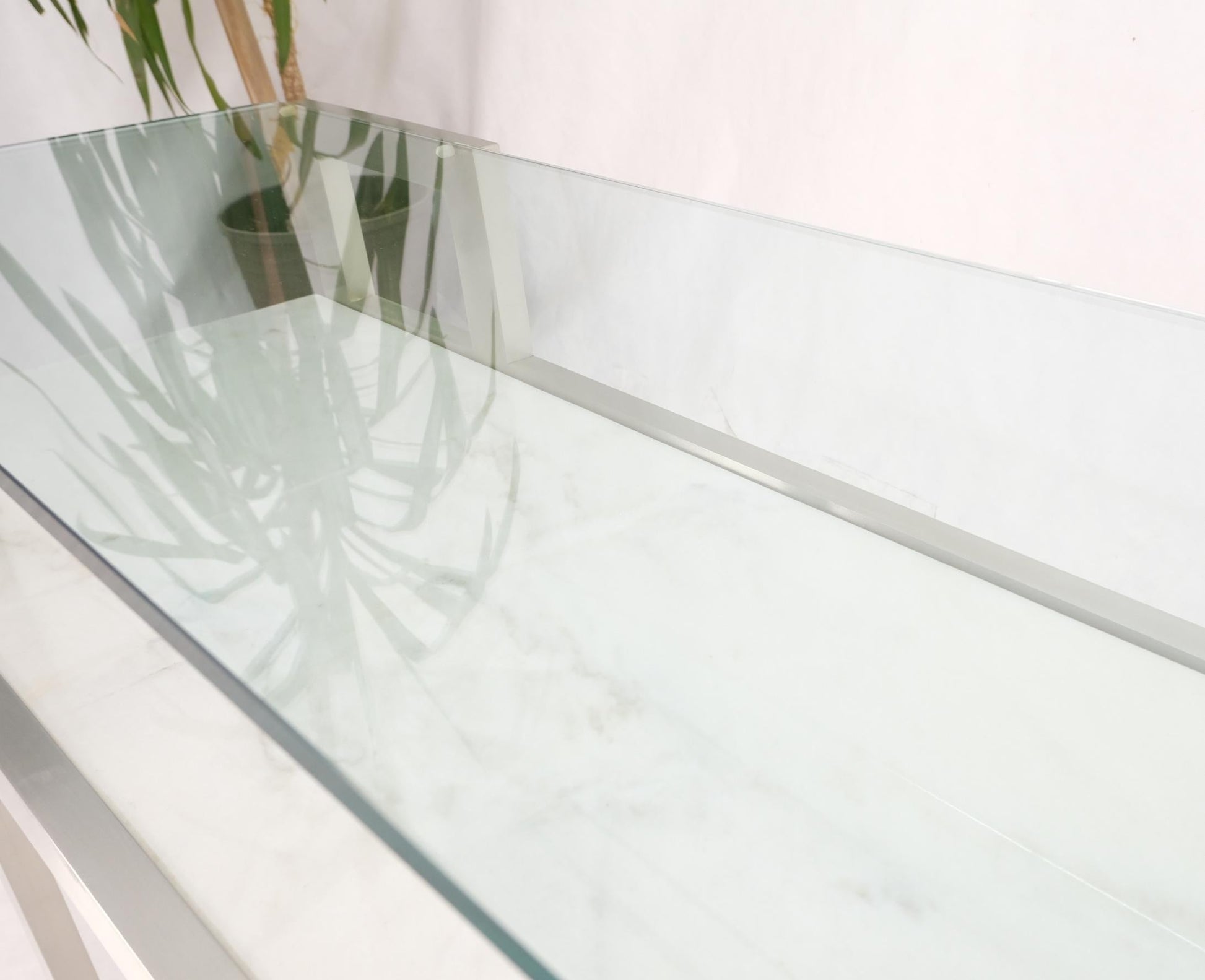EstablishedLines Aluminum Frame Glass Shelves Two Marble Shelves Console Sofa Table Mid Century