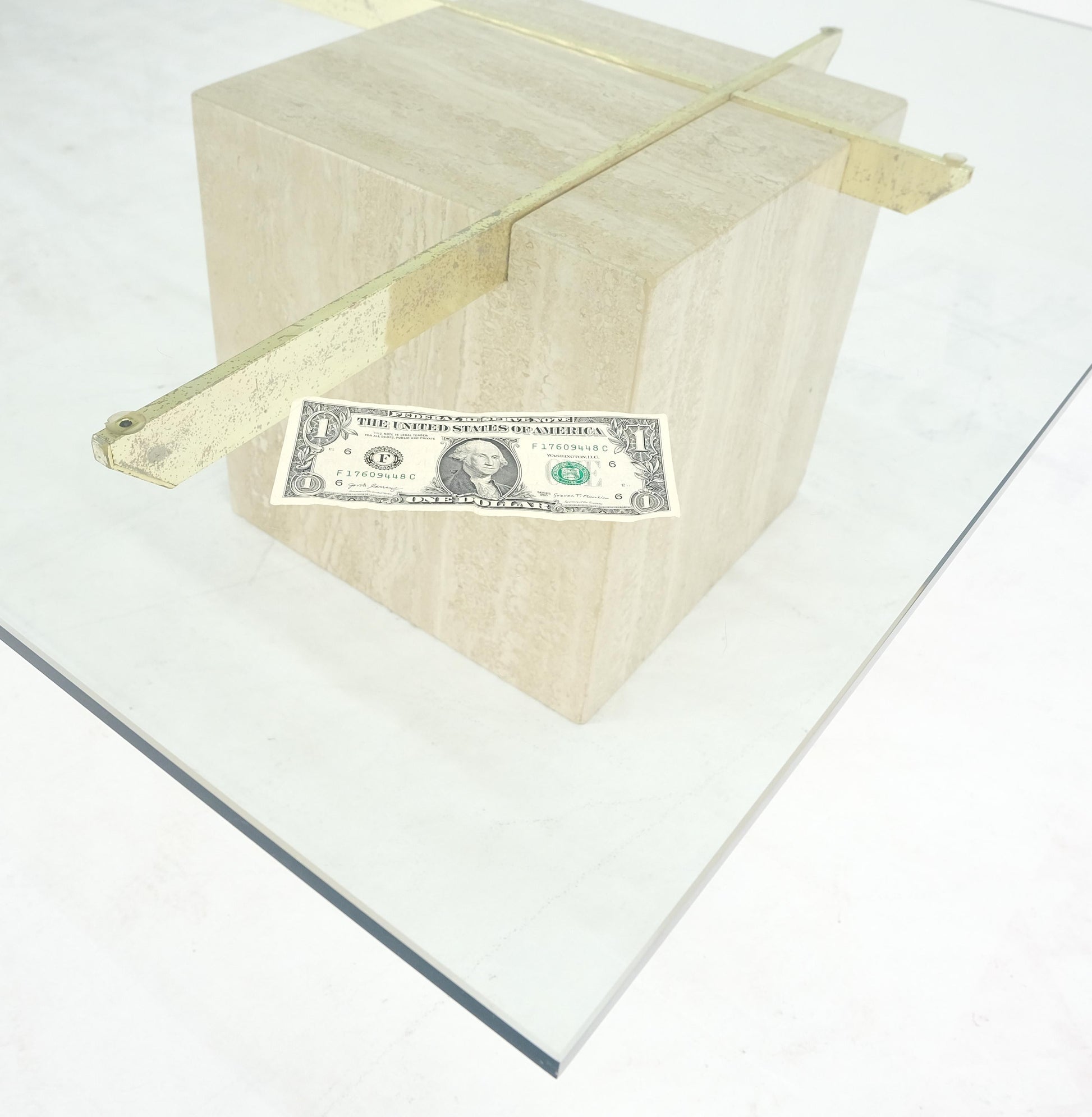 EstablishedLines Large 37x37 Square Glass Top Travertine Pedestal & Brass Base Coffee Table