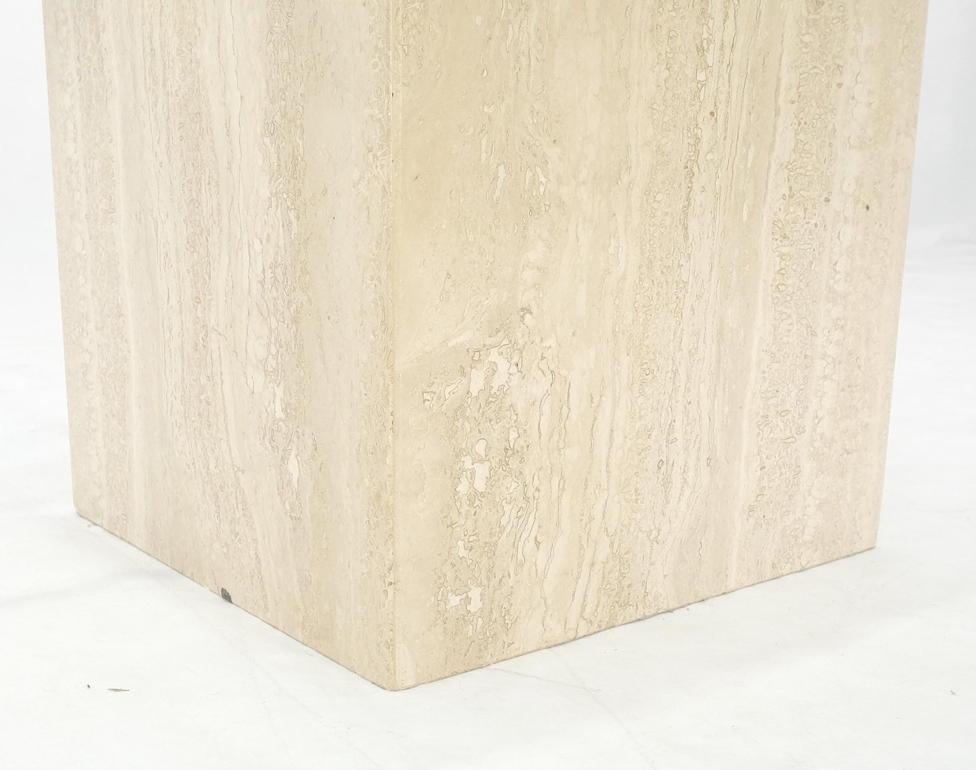 EstablishedLines Large 37x37 Square Glass Top Travertine Pedestal & Brass Base Coffee Table