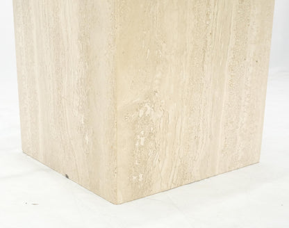 EstablishedLines Large 37x37 Square Glass Top Travertine Pedestal & Brass Base Coffee Table