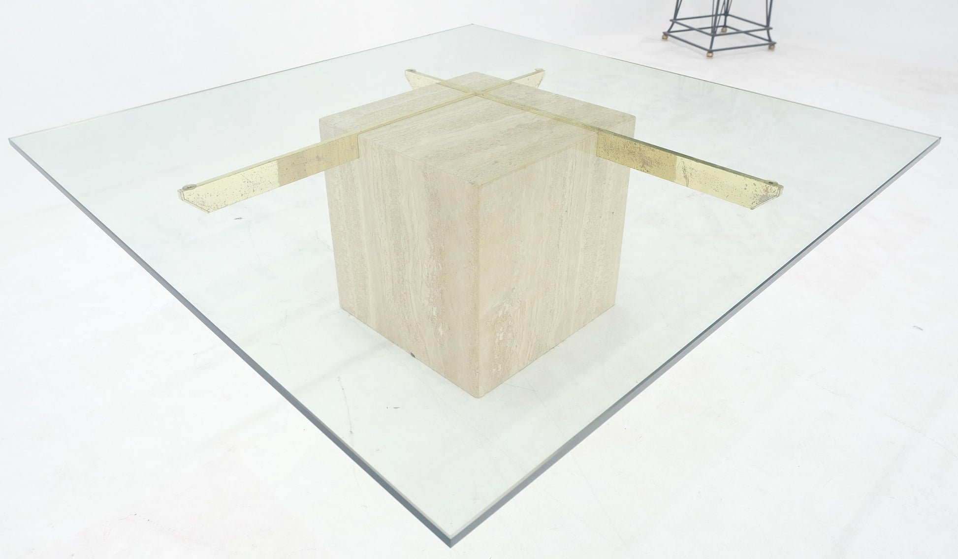 EstablishedLines Large 37x37 Square Glass Top Travertine Pedestal & Brass Base Coffee Table