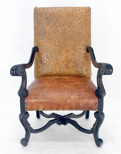 Large Ebonised Carved Walnut Embossed Leather Upholstery Regency ArmChair
