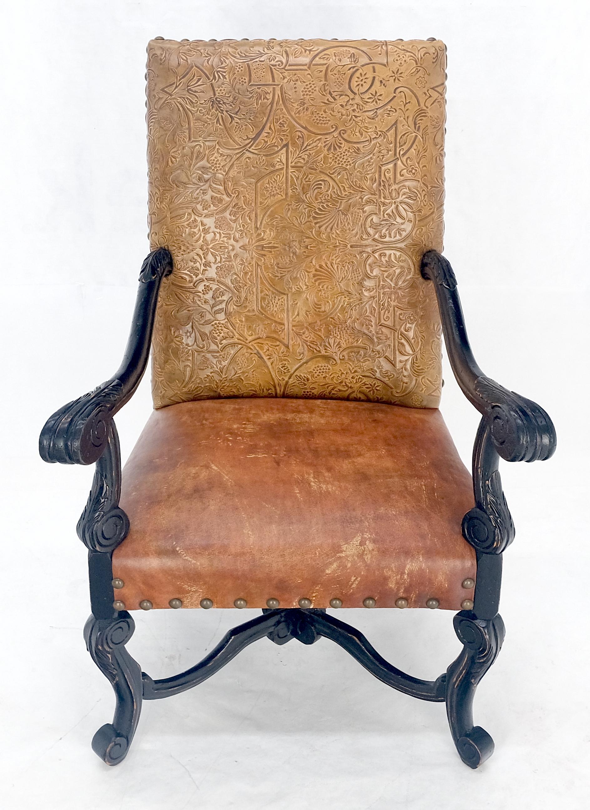 EstablishedLines Large Ebonised Carved Walnut Embossed Leather Upholstery Regency ArmChair